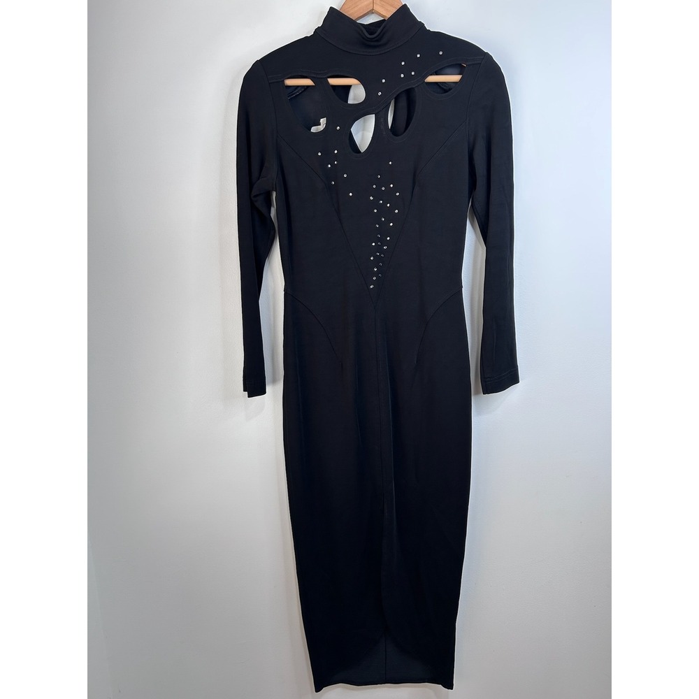 VTG Y2K Cache Dress Sz M Black Cutout Long Sleeve Rhinestone Goth Grunge Glam